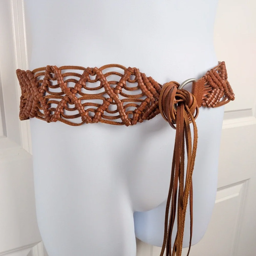Vintage Y2K Woven Leather Macrame Fringe Belt Brown Boho Western O-Ring 2000s
